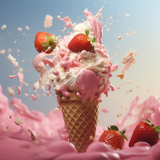 une photo réaliste de cornet de glace à la fraise