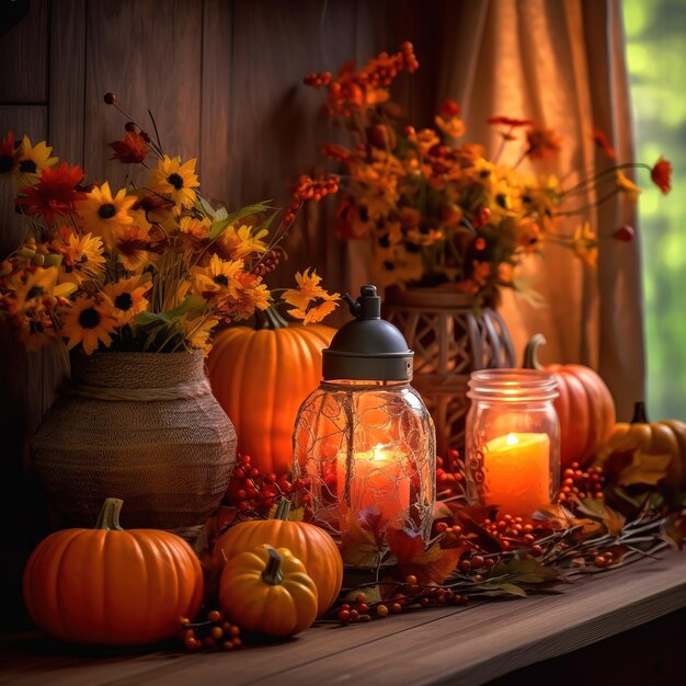 Photo réaliste de l'ensemble et des décorations d'automne avec une lumière chaude