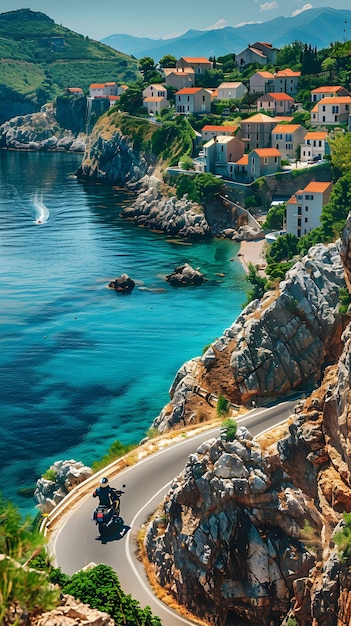 Photo une photo réaliste époustouflante d'une croisière en moto le long de la côte croate avec des villes historiques et des rochers