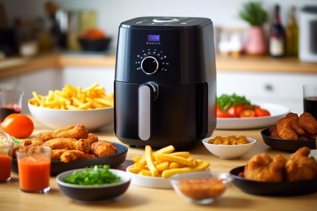 Photo réaliste de friteuse à air sur une table pleine de ric