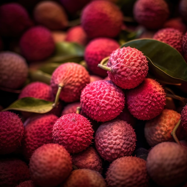 Photo réaliste d'un groupe de lychees en vue du dessus d'un paysage fruitier