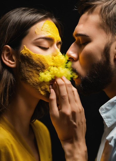 Une photo réaliste d'un homme exhalant de la vapeur jaune de sa bouche et d'une femme se couvrant le nez