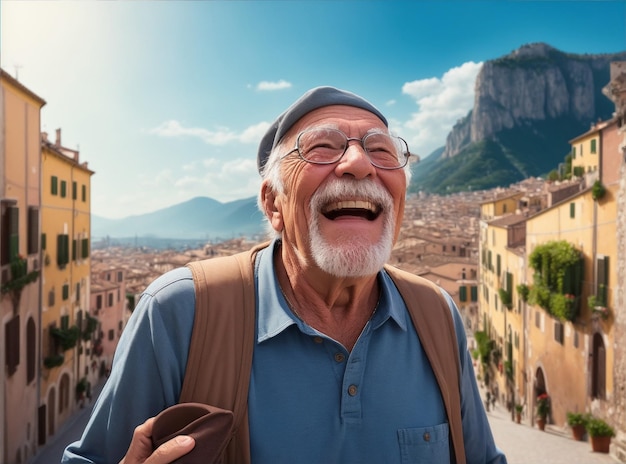Photo réaliste d'un homme senior heureux en Italie voyageant par Generative AI