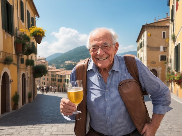 Photo réaliste d'un homme senior heureux en Italie voyageant par Generative AI