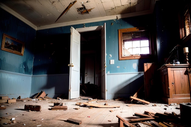 Photo une photo réaliste de l'intérieur d'une pièce brisée et détruite