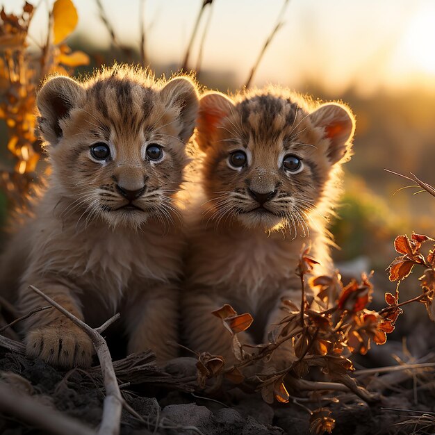 Photo réaliste de lionceaux au coucher du soleil du Serengeti