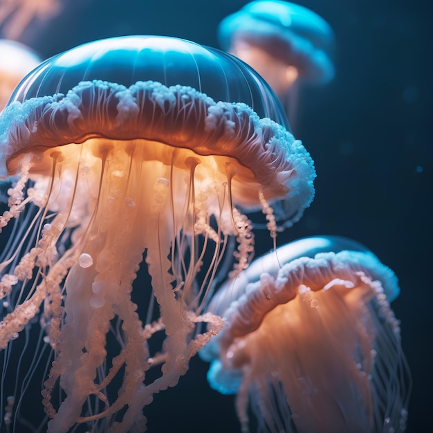 Une photo réaliste d'une méduse flottant sous l'eau