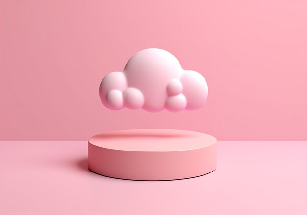 Photo réaliste nuages blancs moelleux et podium de produit avec cercle sur fond rose mockup pour