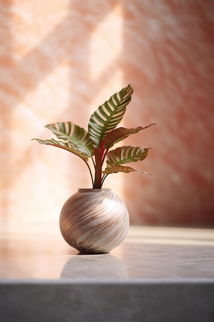 Photo réaliste d'une plante tropicale dans un vase en marbre à la lumière naturelle