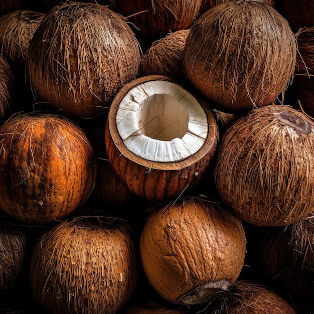 Photo réaliste d'un tas de noix de coco en vue du dessus d'un paysage fruitier