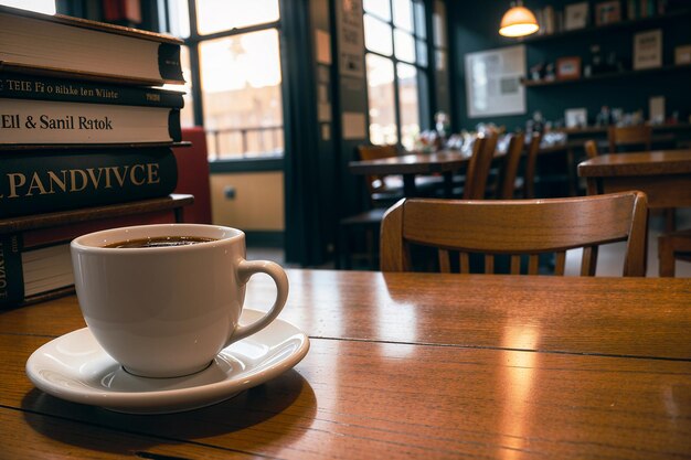 Photo photo réaliste d'une tasse de café et d'un livre sur une table en bois dans un café avec une atmosphère confortable