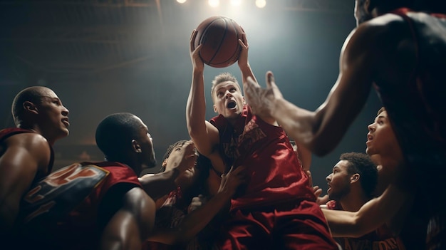 Une photo d'un rebond de basket-ball avec des joueurs se bousculant