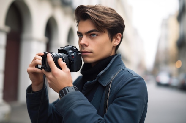 Photo recadrée d'un beau jeune homme prenant des photos sur son appareil photo à l'extérieur créé avec une IA générative