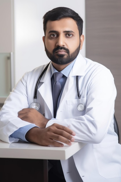 Photo recadrée d'un beau médecin masculin assis dans son bureau créé avec une IA générative