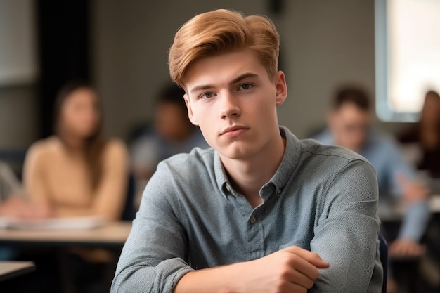 Photo recadrée d'un bel étudiant masculin assis en classe créé avec une IA générative