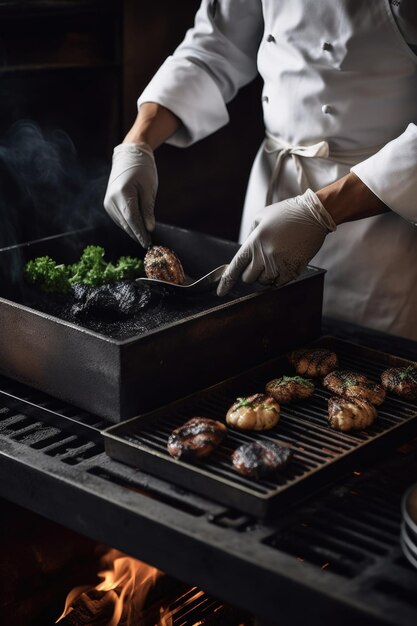 Photo recadrée d'un chef utilisant un gril à charbon créé avec une IA générative