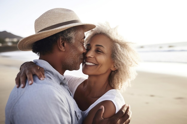 Photo recadrée d'un couple affectueux sur la plage créé avec une IA générative