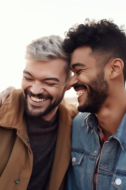 Une photo recadrée d'un couple gay heureux qui passe du temps ensemble créé avec une IA générative