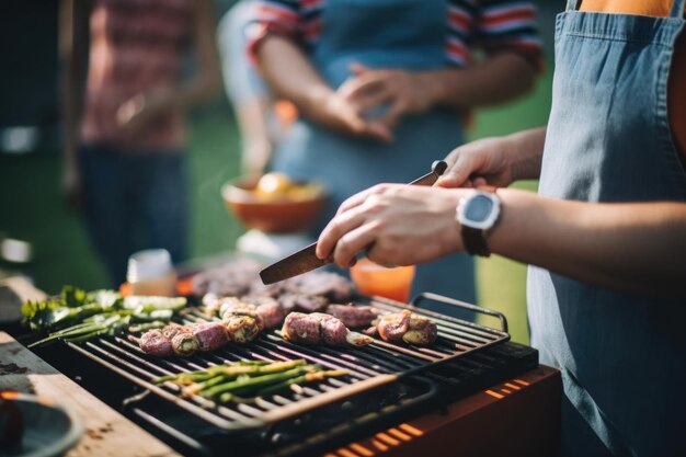 Photo recadrée d'un couple préparant de la nourriture sur un barbecue créé avec une IA générative