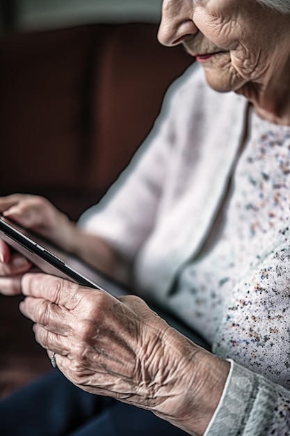 Photo recadrée d'une femme âgée méconnaissable utilisant sa tablette créée avec une IA générative