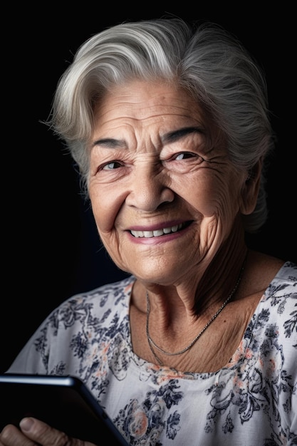 Photo recadrée d'une femme âgée souriante tout en utilisant une tablette numérique créée avec une IA générative