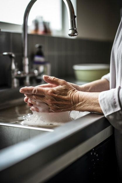 Photo recadrée d'une femme méconnaissable se lavant les mains dans la cuisine créée avec une IA générative