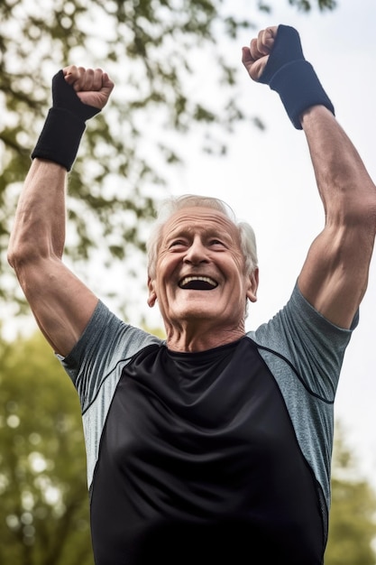 Photo recadrée d'un homme âgé célébrant après une séance d'entraînement en plein air créée avec une IA générative