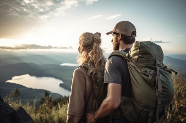 Photo recadrée d'un jeune couple regardant la vue tout en faisant de la randonnée créée avec une IA générative