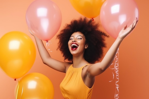 Photo recadrée d'une jeune femme célébrant avec des ballons créés avec une IA générative