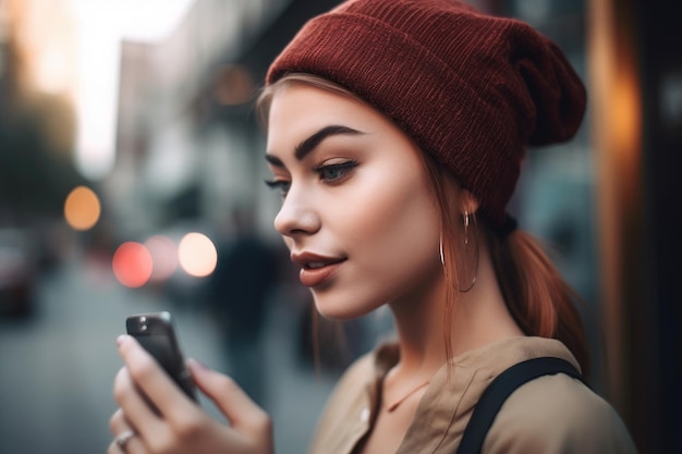 Photo recadrée d'une jeune femme séduisante utilisant son smartphone créé avec une IA générative