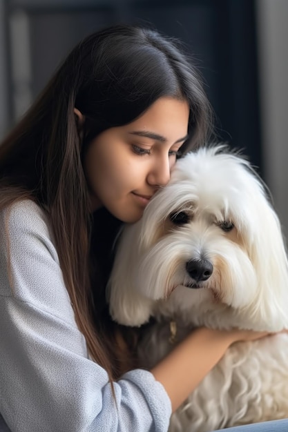 Photo recadrée d'une jeune femme avec son chien de soutien émotionnel créé avec une IA générative
