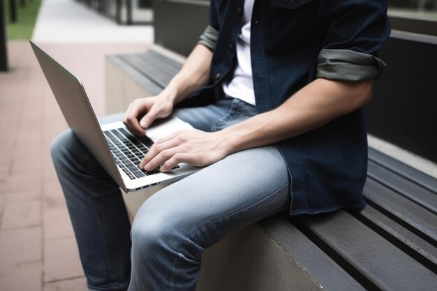 Photo recadrée d'un jeune homme assis et utilisant son ordinateur portable créé avec une IA générative