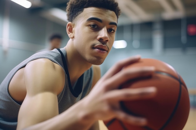 Photo recadrée d'un jeune homme jouant au basket-ball dans un centre sportif créé avec une IA générative