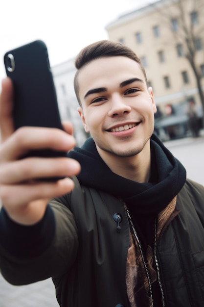 Photo recadrée d'un jeune homme prenant un selfie créé avec une IA générative