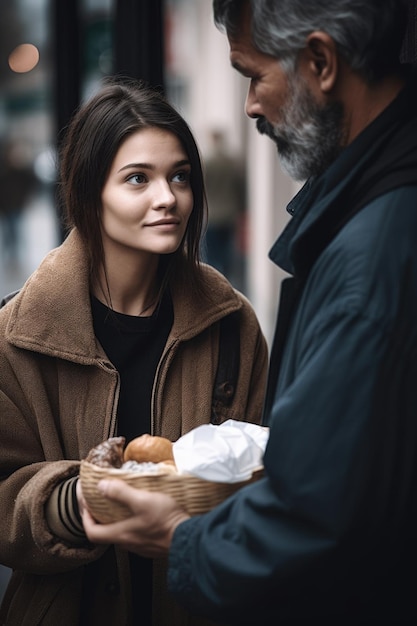 photo recadrée d'une jolie jeune femme donnant de la nourriture à un sans-abri créée avec une IA générative