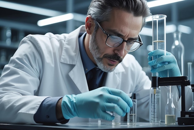 Photo recadrée d'un scientifique travaillant avec un tube à essai dans son laboratoire créé avec l'IA générative