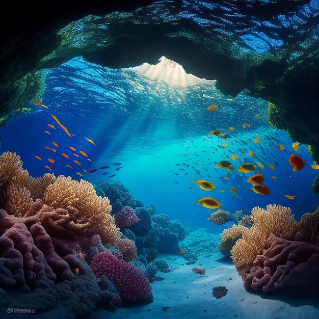 Une photo d'un récif de corail avec un poisson nageant dedans