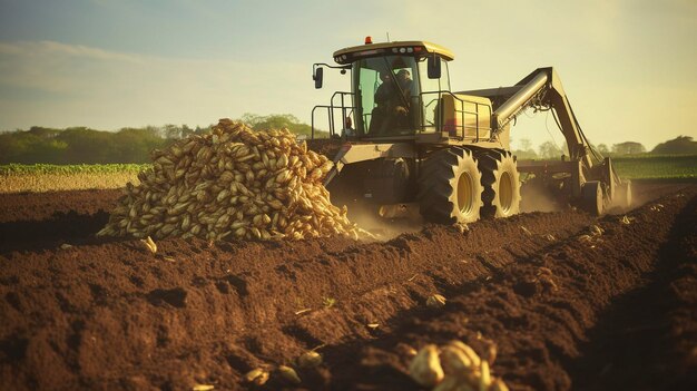 Une photo d'un récolteur de betteraves à sucre au travail dans un champ cultivé