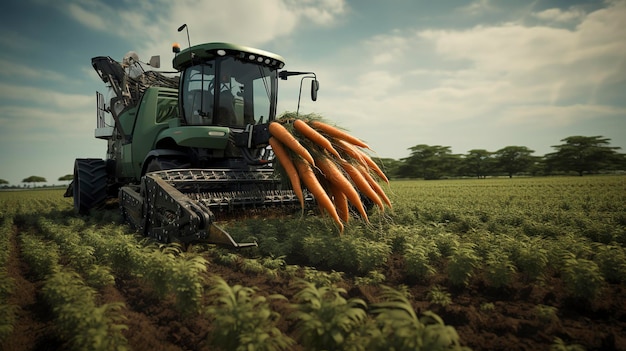 Photo une photo d'une récolteuse de carottes dans un champ de carottes