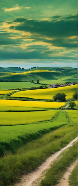 Photo réelle comme Countryside Canvas Le paysage rural peint en grands traits de vert et d'or i