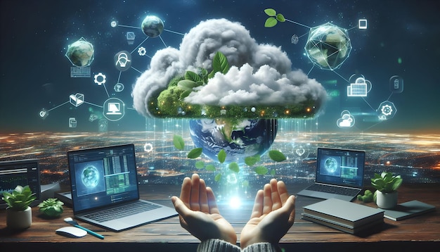 Photo réelle comme Eco Friendly Cloud Allez vert avec des services en nuage qui donnent la priorité à l'exploitation écologique