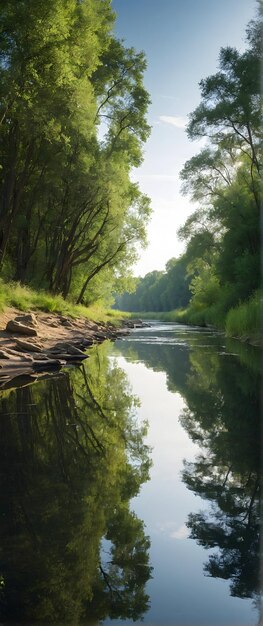 Photo réelle comme Reflective Peace Reflections de la rive de la rivière capturant le calme du miroir de la nature dans na