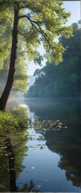 Photo réelle comme Reflective Peace Reflections de la rive de la rivière capturant le calme du miroir de la nature dans na