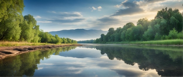 Photo réelle comme Reflective Serenity Les reflets de la rive de la rivière reflètent la beauté d'un paysage tranquille.