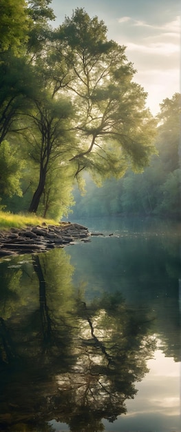 Photo réelle comme Reflective Serenity Les reflets de la rive de la rivière reflètent la beauté d'un paysage tranquille.