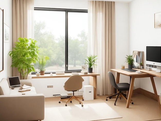 Photo réelle de l'intérieur d'un appartement à aire ouverte avec un canapé beige à côté de la fenêtre Generative Ai