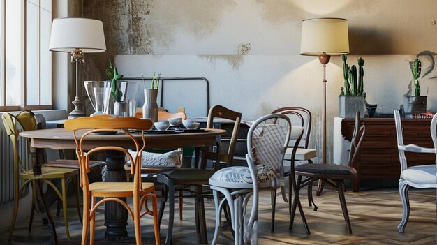 Photo réelle d'un intérieur de salle à manger éclectique avec diverses chaises à la table Generative Ai