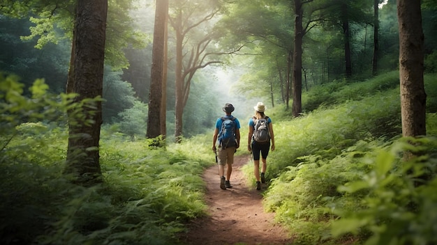 Photo réelle pour Amis en randonnée dans une forêt luxuriante dans le thème de l'événement d'été profondeur de champ complète