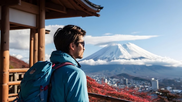 Photo réelle pour Backpacker appréciant la vue sur le mont Fuji au Japon dans le thème de voyage en sac à dos Full d