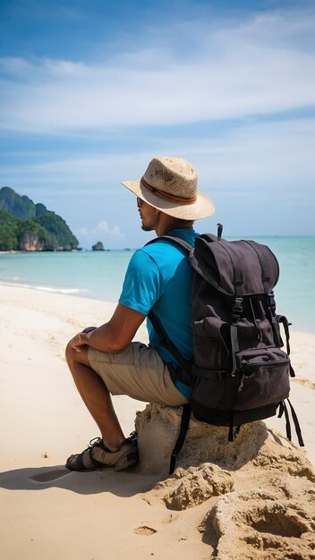 Photo réelle pour Voyageur avec sac à dos sur une plage en Thaïlande dans le thème de voyage en sac à dos profondeur complète